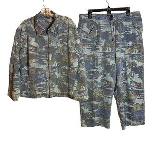 CHICO'S VINTAGE CAPRIS AND UTILITY JACKET. BLUE AND GRAY PATTERNED USA SIZE 16